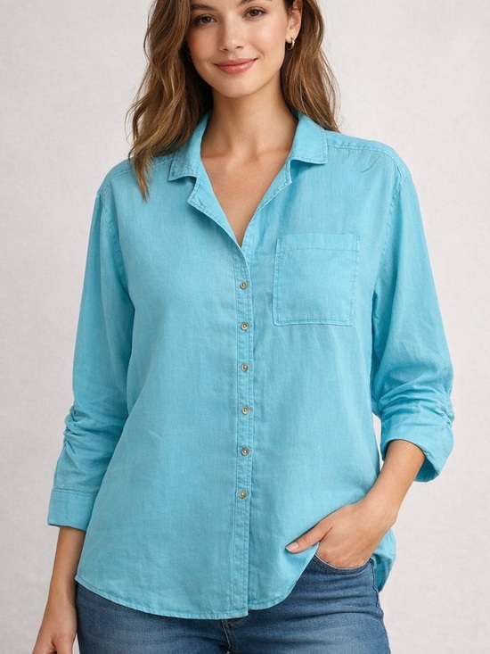 Maeve Tops - Maeve Anthropologie 100% Linen Ruched Sleeves Blouse Blue Button Down XL